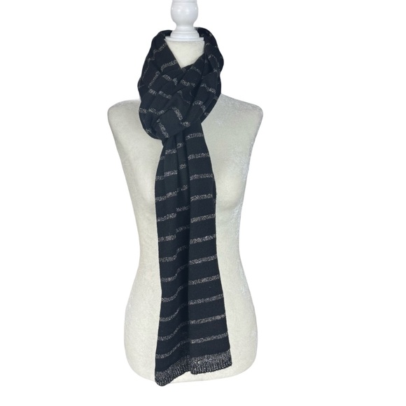 Accessories - Black long knit scarf with silver metallic stripes. 80” long.